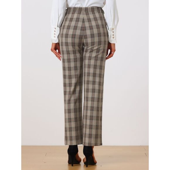 Plaid Pants Elastic Waist Casual Work Office Long Trousers Beige Black - Picture 4 of 5